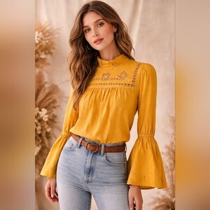 FREE PEOPLE Another Eternity Embroidered Eyelet Blouse Womens Small Yellow Boho